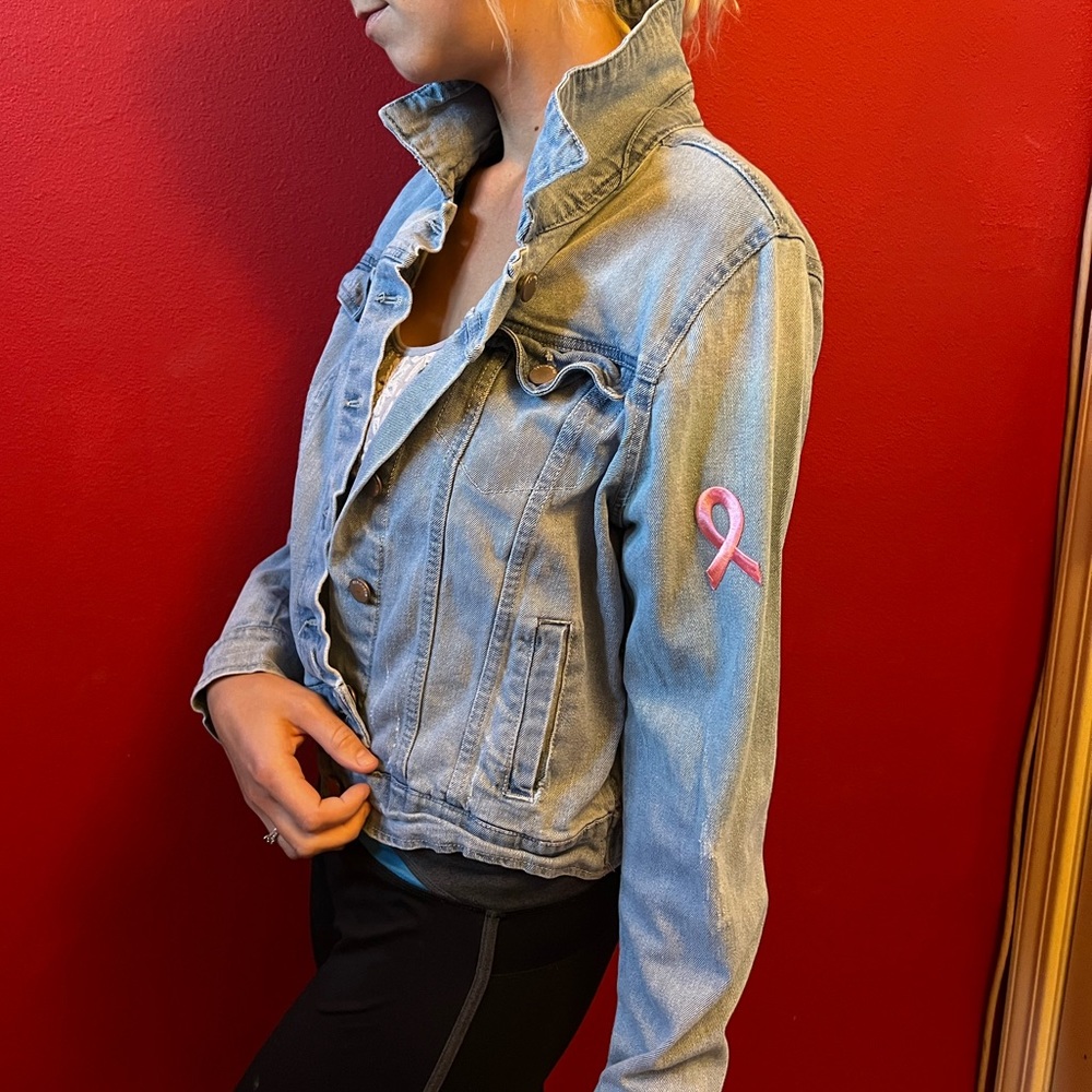 Jean jacket. Customized for breast cancer. Size Large. Fits like a medium.